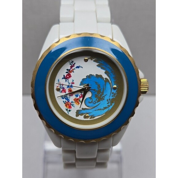 Met Museum Of Art Bleu Celeste Floral White Link Bracelet Watch New Battery